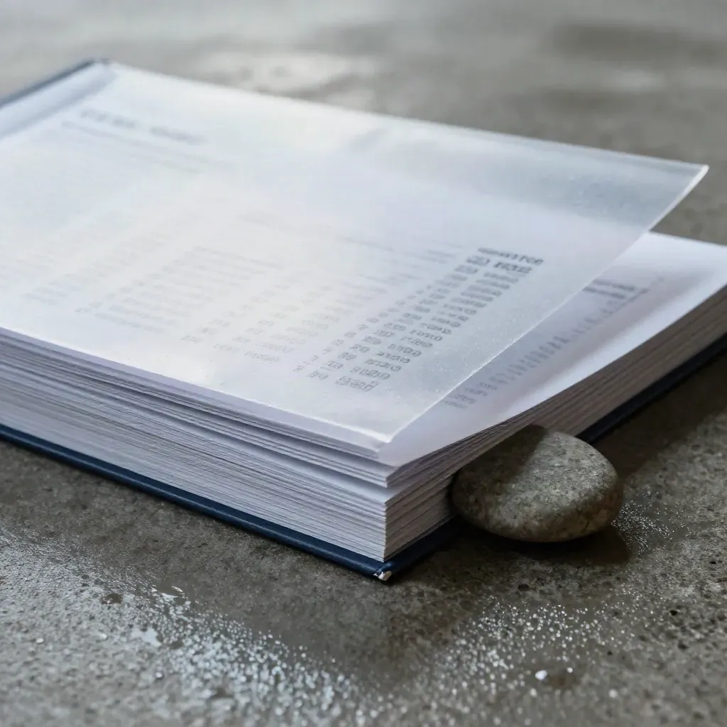 Macro of a pricing report booklet on wet concrete with a stone weight and translucent sleeve.