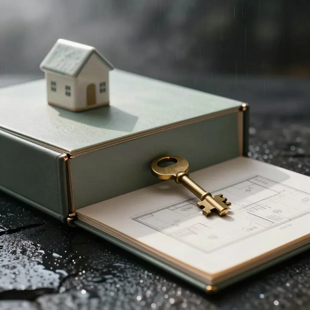 Open listing folio with brass key, floor plan, ceramic house, and folders on wet black stone.