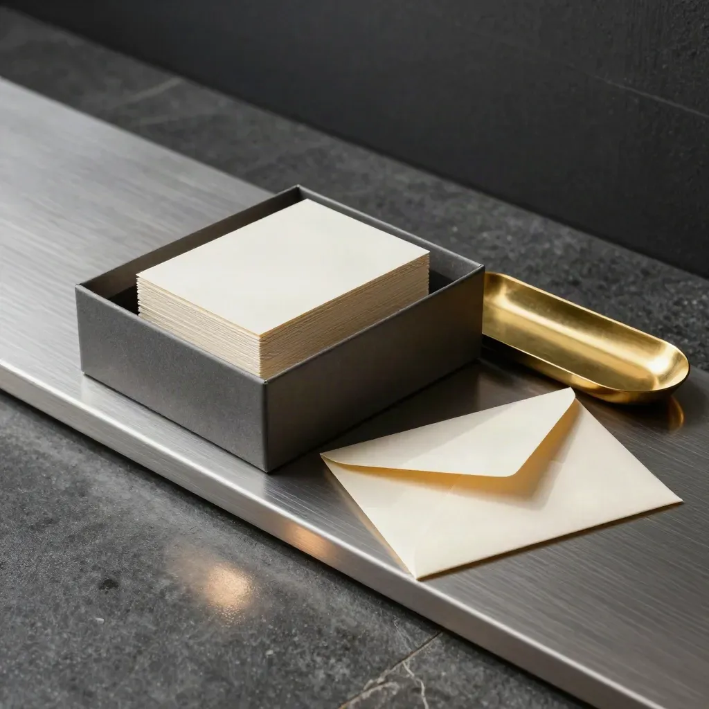 Half-open open-house pack box with cards, brass tray and cream envelope on a dark threshold.