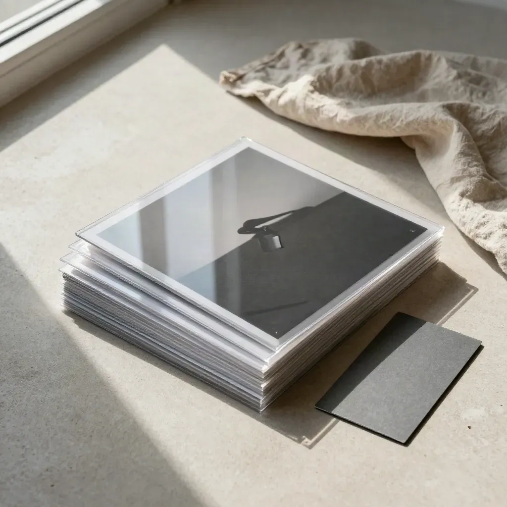 Overhead flatlay of glossy listing photo proofs in acetate sleeves on pale concrete with linen cloth.