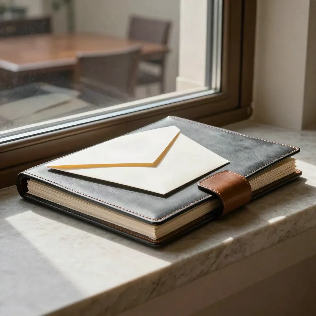 Slate offer-review folio, sealed envelope and leather blotter on a limestone ledge in soft side light.