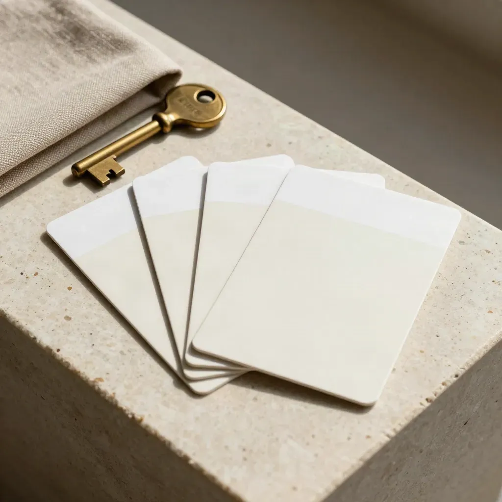 Overhead flat lay of profile cards, brass key, and fabric sleeve on pale stone.