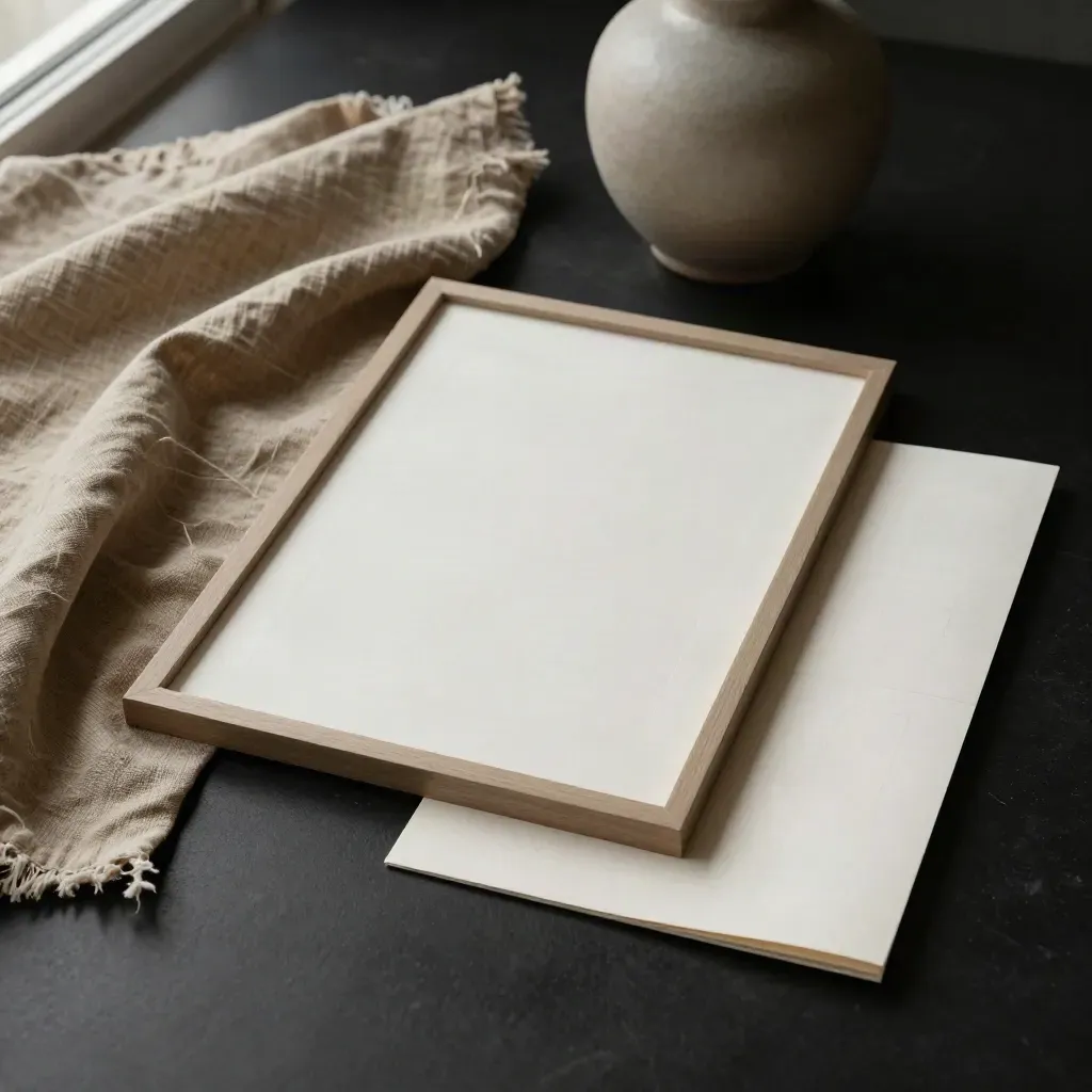 Overhead staging bundle with linen swatch, ceramic vase and blank framed mockup on matte black.