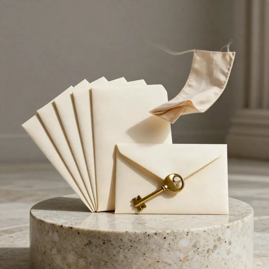 Home-sale launch bundle with brass key, cream envelope and photo sleeves on travertine