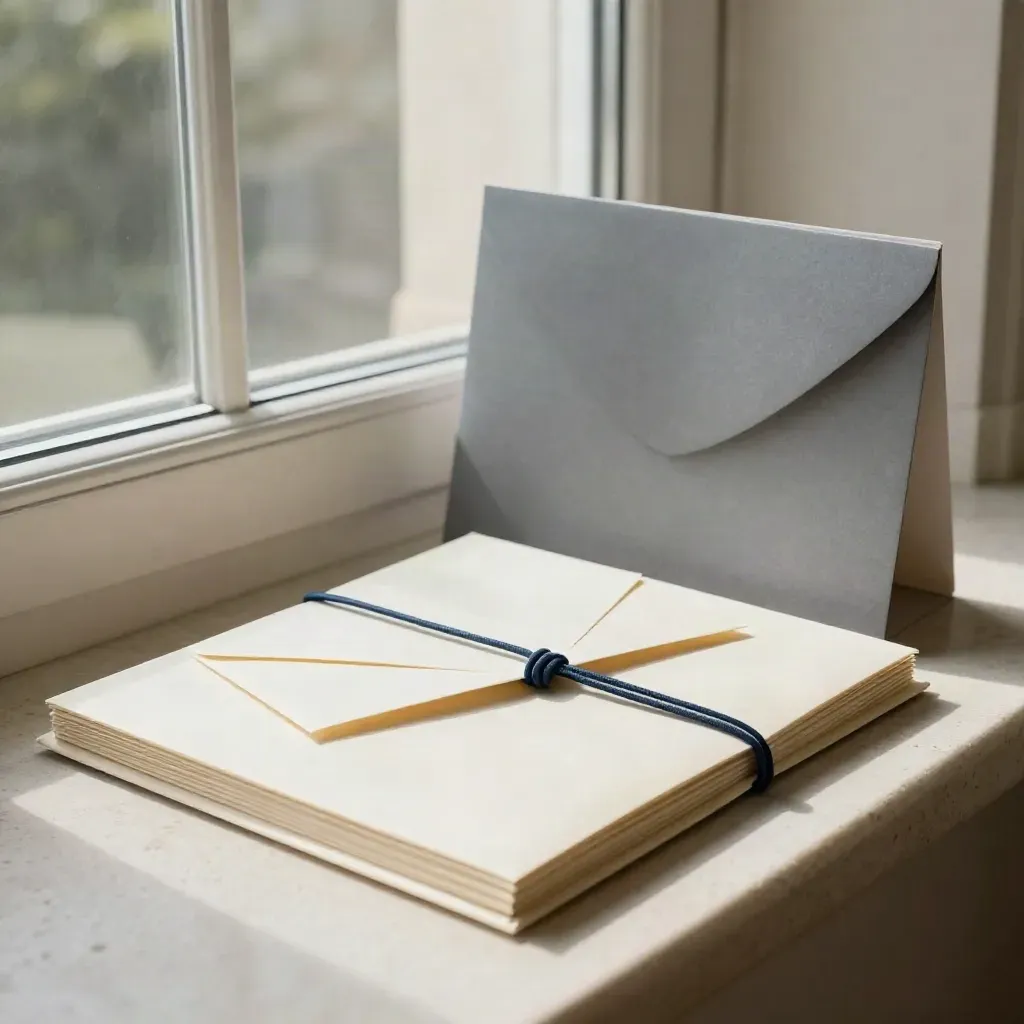 Offer plan folio with envelope and navy cord wrap by a bright window ledge.