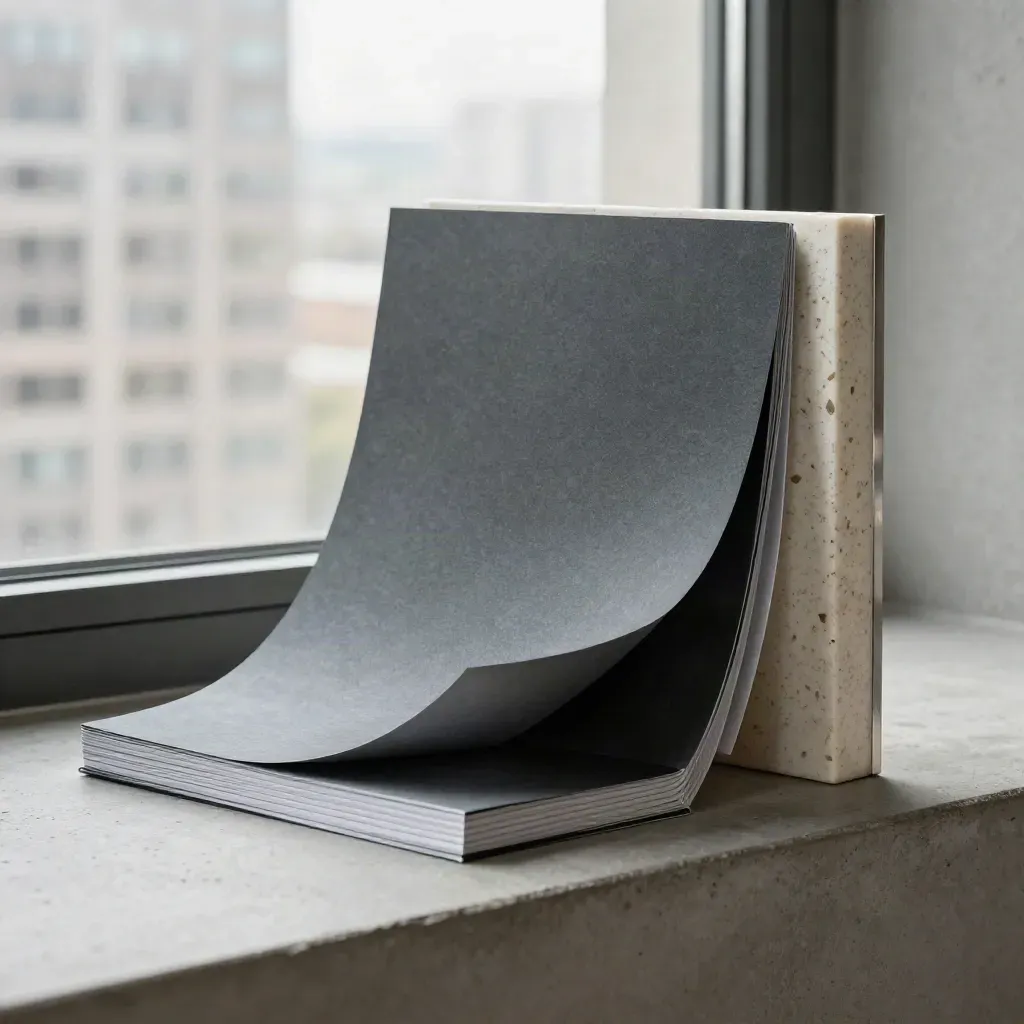 Graphite condo review folio, steel corner piece and travertine block in a cool studio hero shot.