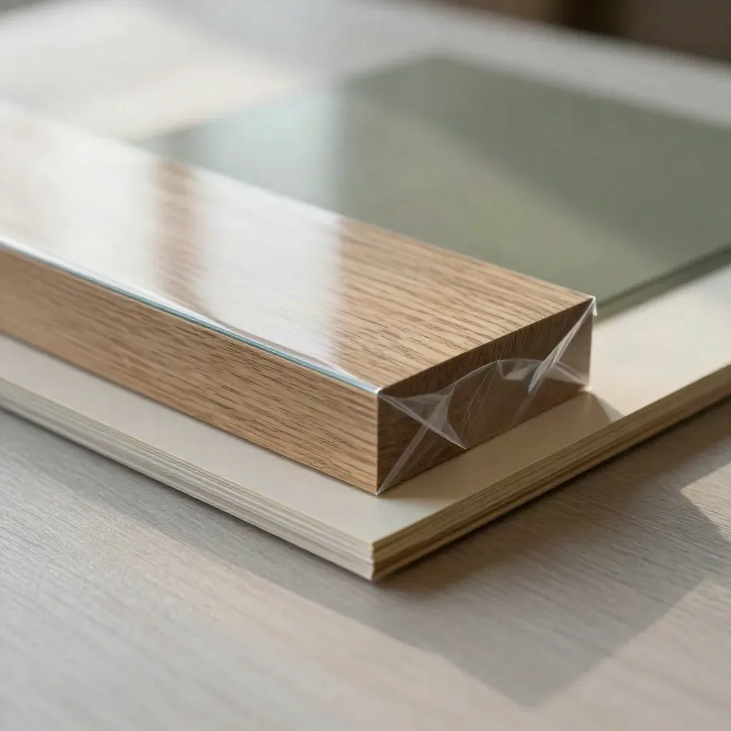 Macro of glossy proof sleeves, oak block, and protective wrap on pale wood.