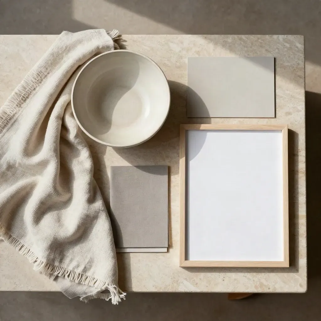 Overhead flatlay of linen throw, ceramic bowl, swatch and frame mockup on pale stone.