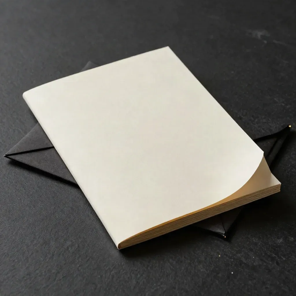 Folded real-estate price-check dossier, stone weight, and dark envelope on matte-black slate