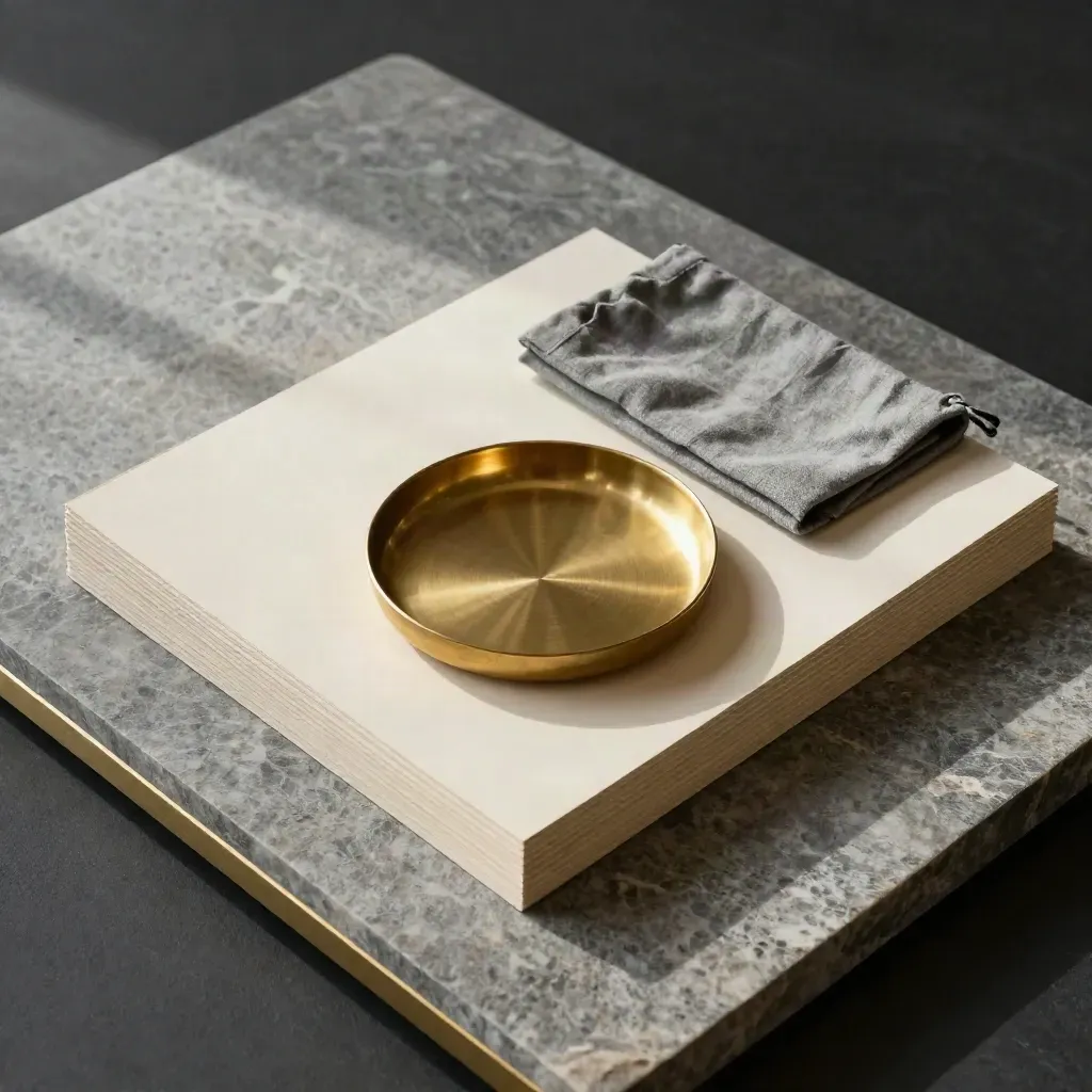 Overhead flatlay of cardstock stacks, brass tray, and folded linen pouch on limestone