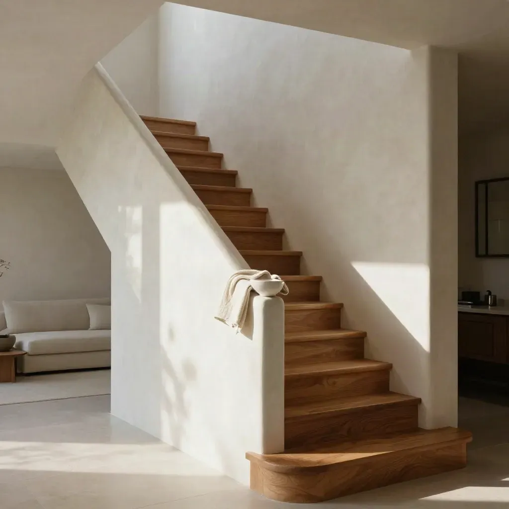 Sunlit oak entry and staircase with plaster walls and a soft sofa blur.