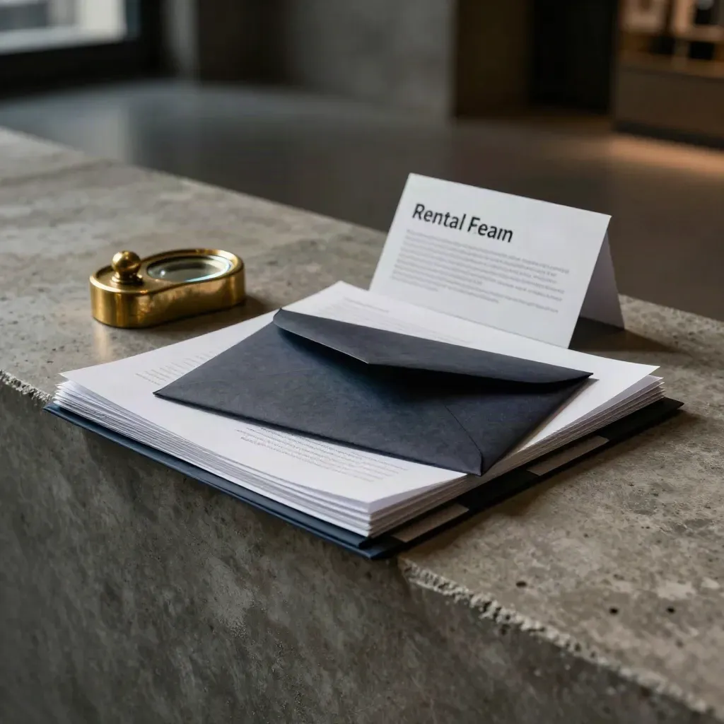 Dark real-estate review deck with brass paperweight on a concrete ledge in cool haze.