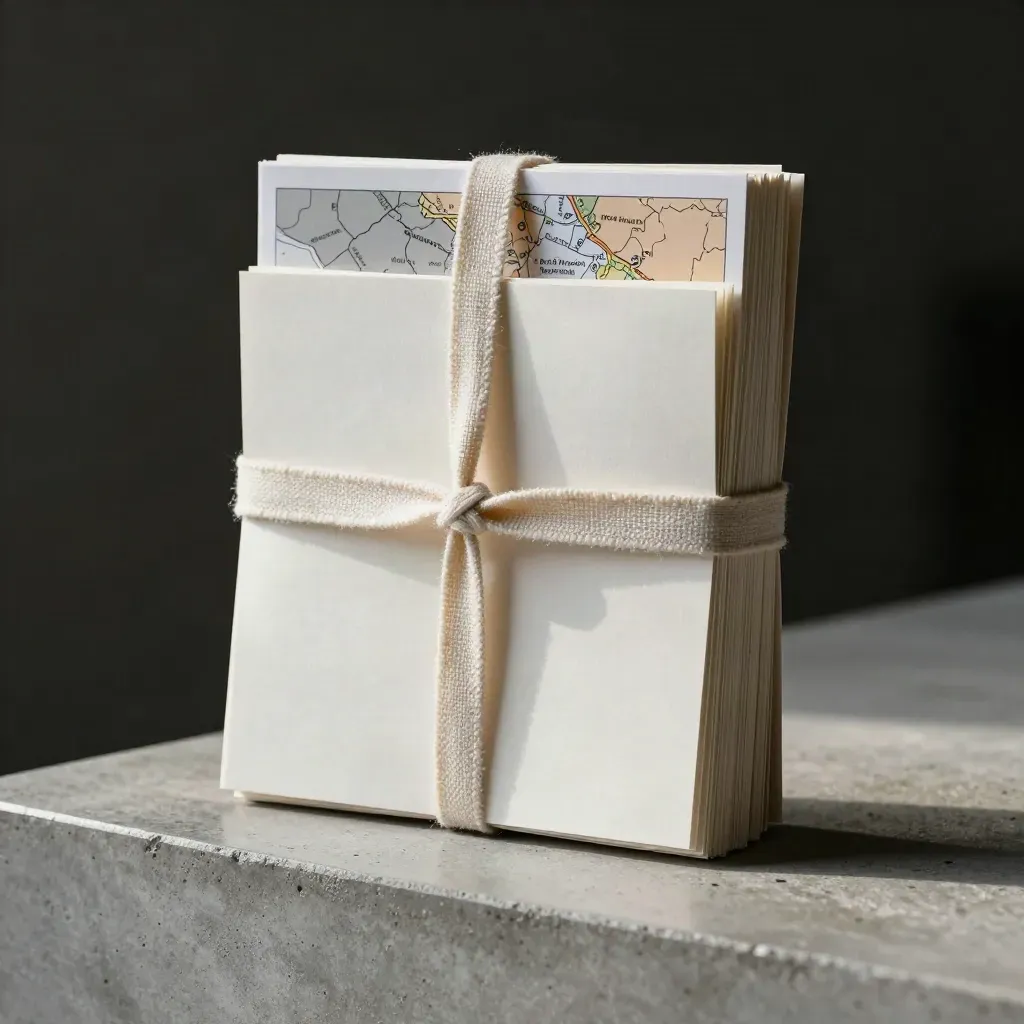 Layered move-plan cards, linen strap, and folded map on cool concrete with soft studio light.