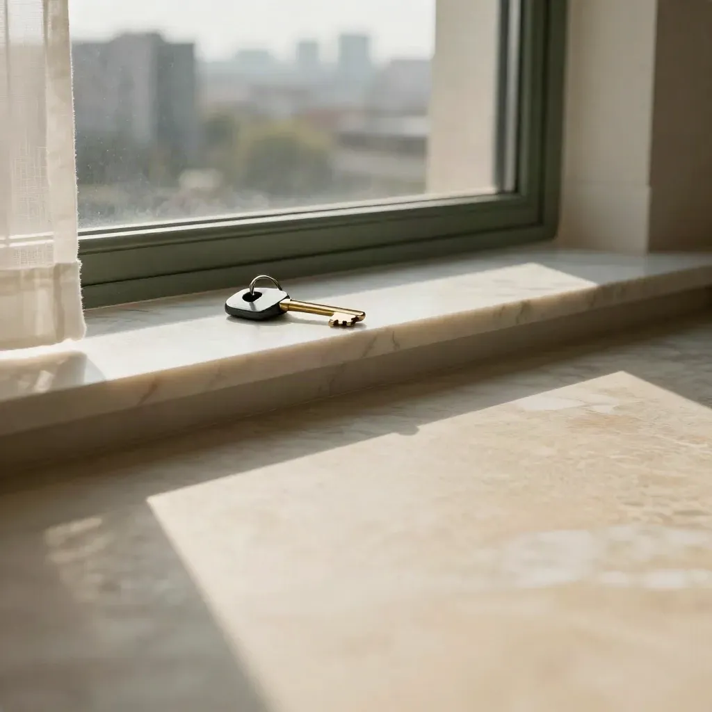 Sunlit marble windowsill with a soft condo skyline and drifting curtain beside calm copy space.